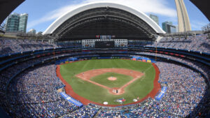 The Rogers Centre with the roof open for a Toronto Blue Jays game