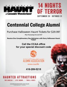 A poster advertising discounts for CCAA alumni to Canada's Wonderland Halloween Haunt 2018