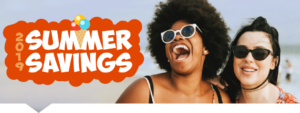 Banner with the text "Summer Savings" and two women with sunglasses on smiling