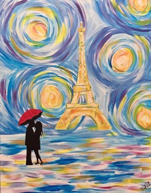 A painting of two people under a red umbrella in front of the Eiffel Tower